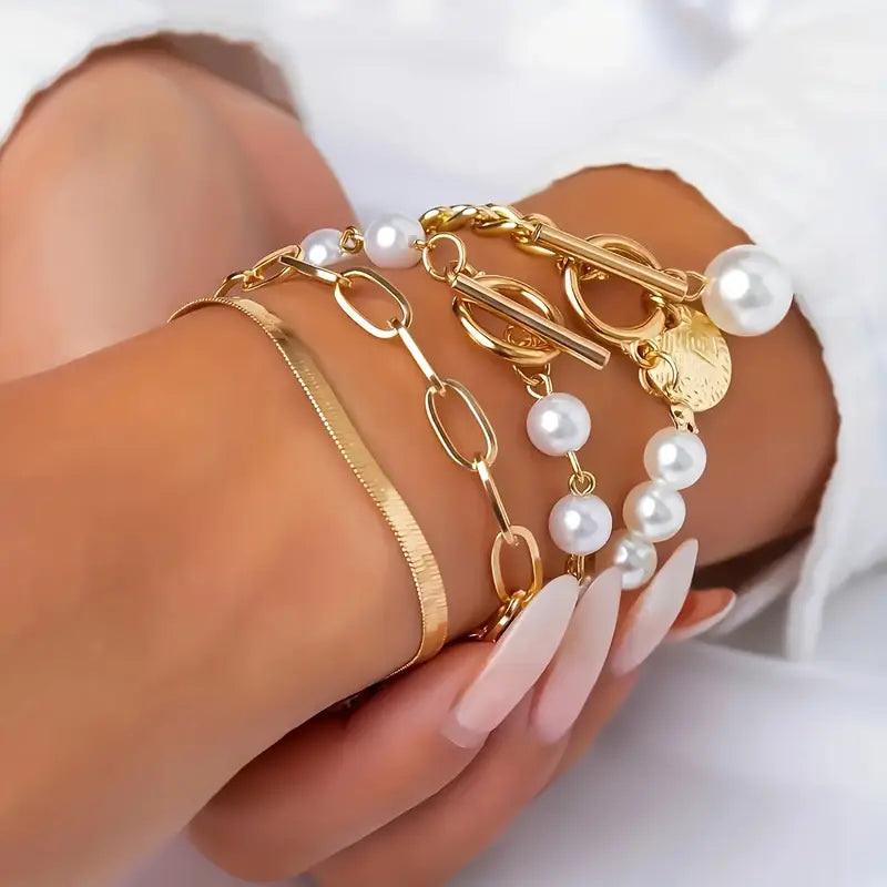 Chic Gold 4-Piece Bracelet Set – Snake, Pearls & Links | Gold 18k