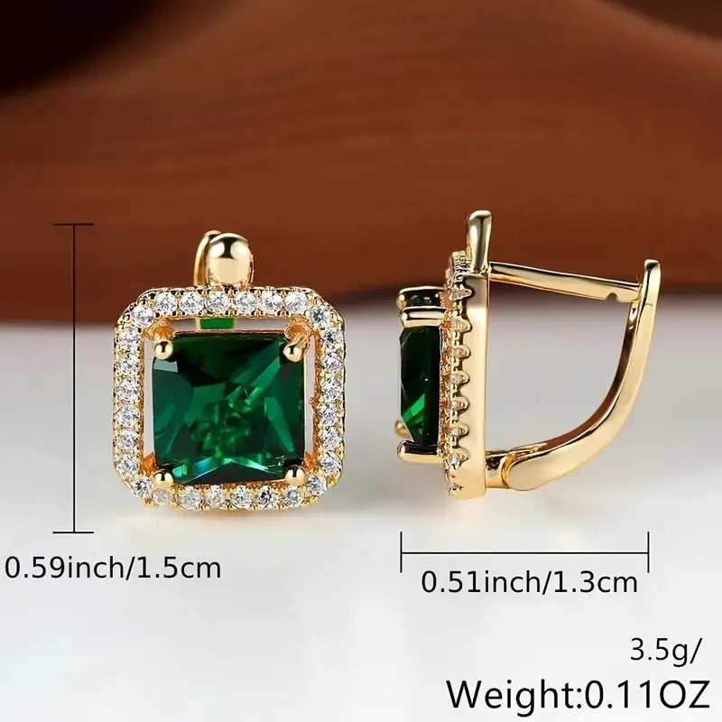 Golden Green Square Zirconia Earrings | Gold 18k