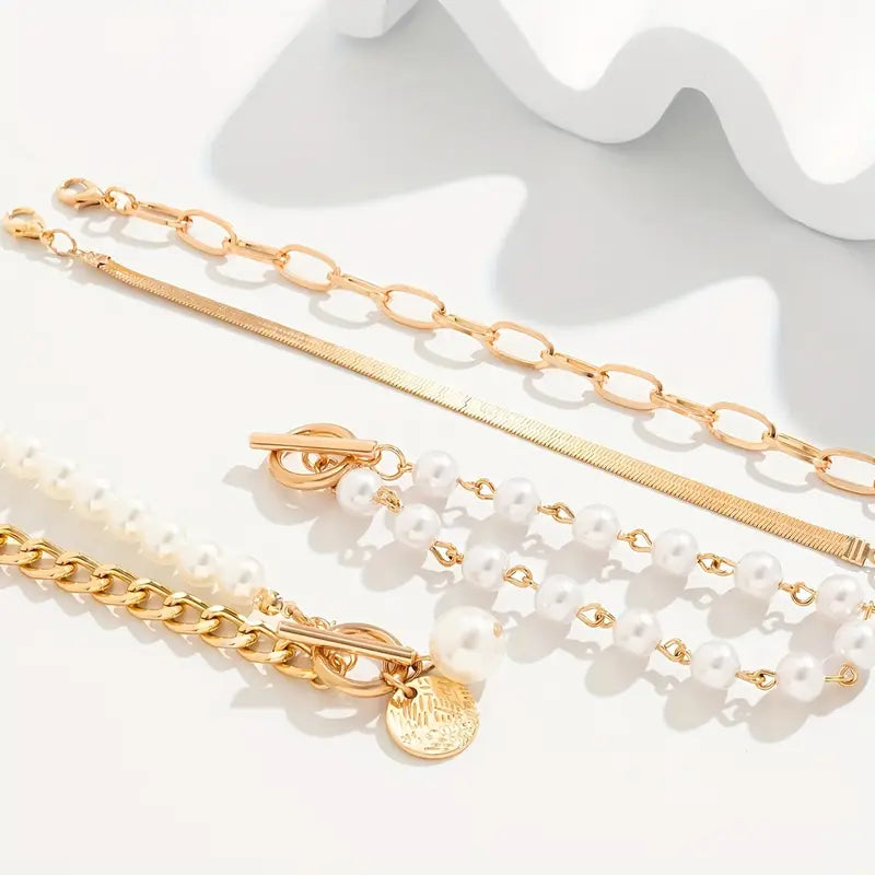 Chic Gold 4-Piece Bracelet Set – Snake, Pearls & Links | Gold 18k