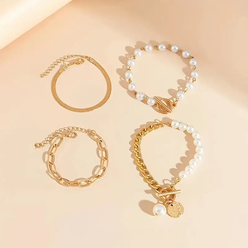 Chic Gold 4-Piece Bracelet Set – Snake, Pearls & Links | Gold 18k