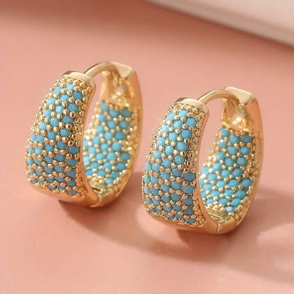 Golden-Tone Turquoise Beaded Hoop Earrings | Gold 16k