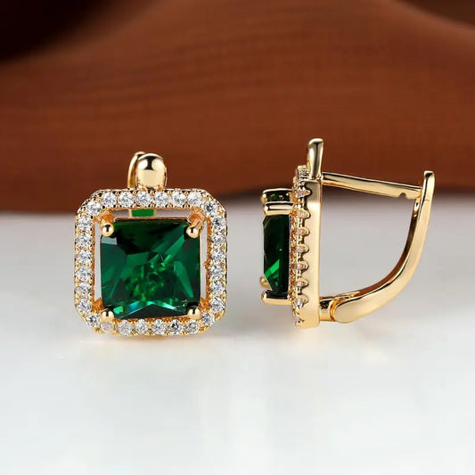 Golden Green Square Zirconia Earrings | Gold 18k