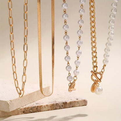 Vintage Pearl & Gold Snake Chain Necklace Set | Gold 18k