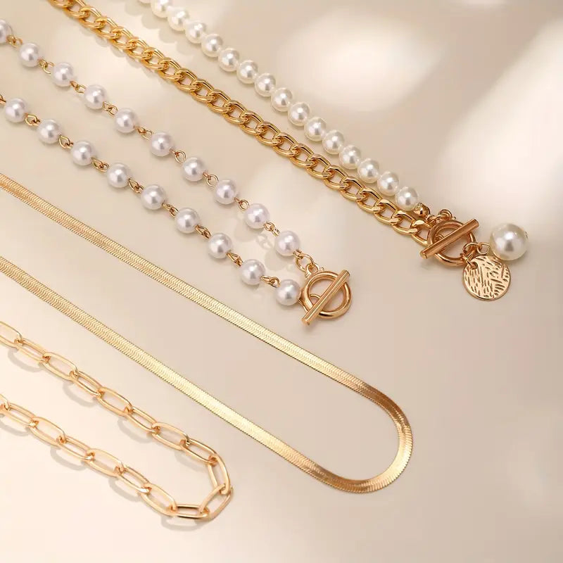 Vintage Pearl & Gold Snake Chain Necklace Set | Gold 18k