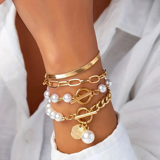 Chic Gold 4-Piece Bracelet Set – Snake, Pearls & Links | Gold 18k