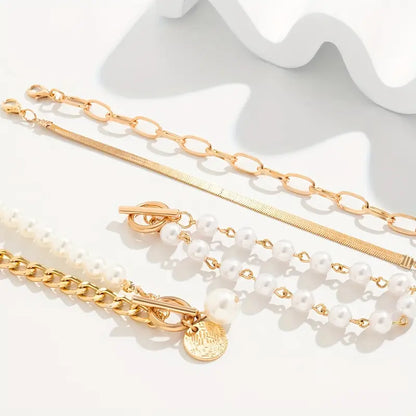 Chic Gold 4-Piece Bracelet Set – Snake, Pearls & Links | Gold 18k