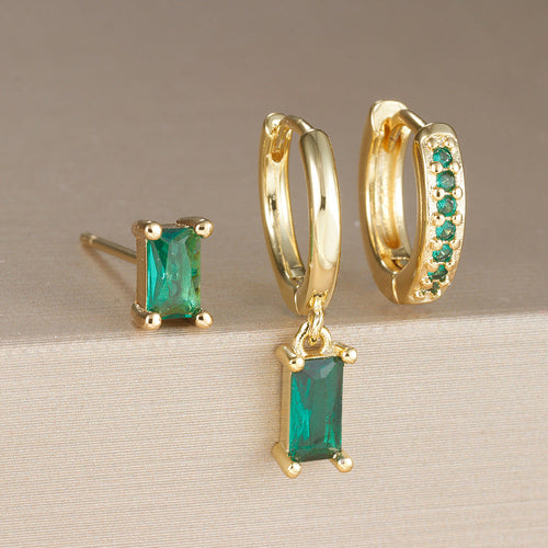 Emerald Green Geometric Zircon Earrings | Gold 18k