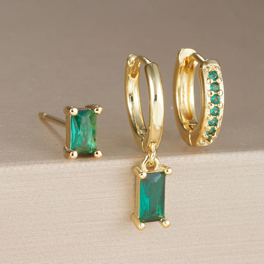 Emerald Green Geometric Zircon Earrings | Gold 18k
