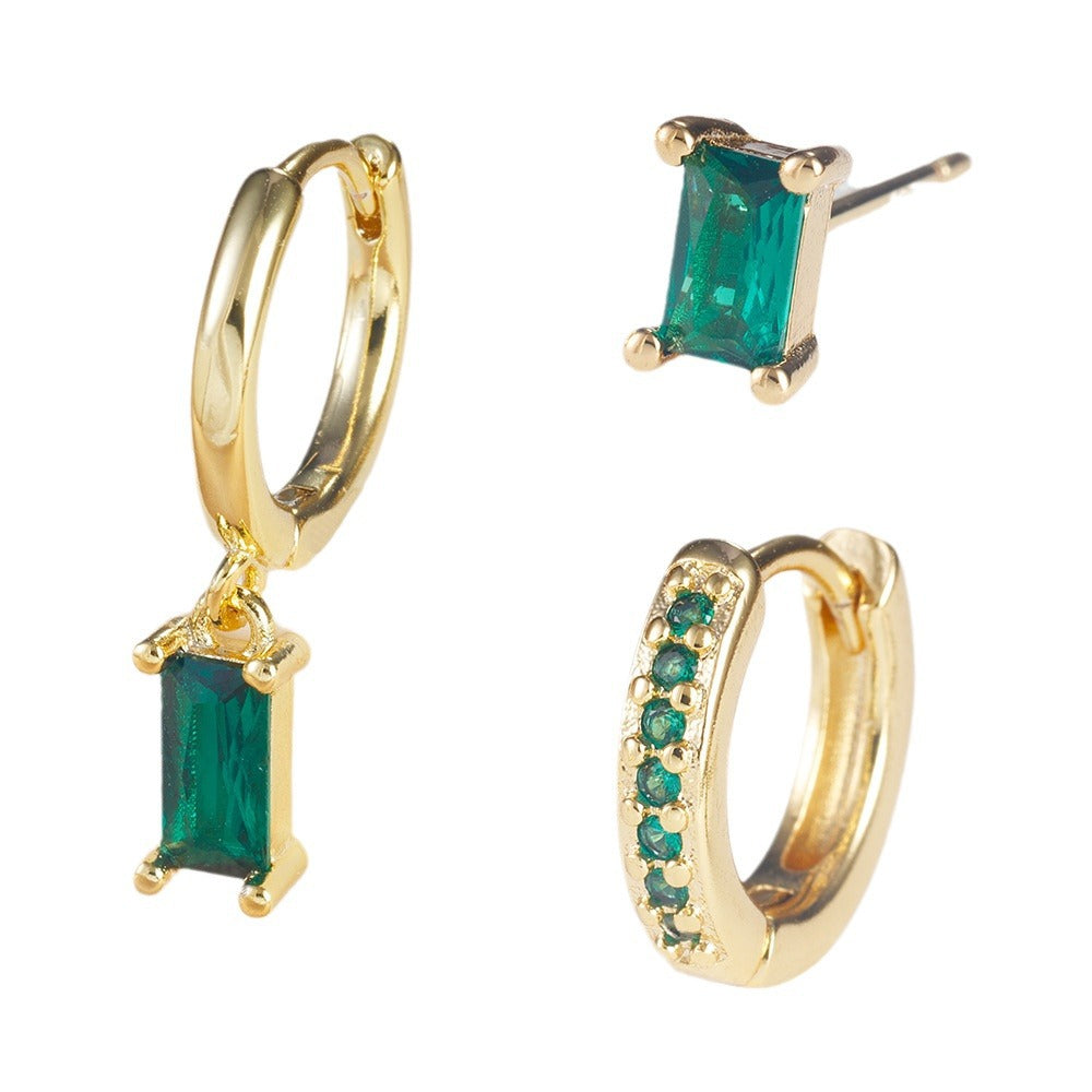 Emerald Green Geometric Zircon Earrings | Gold 18k