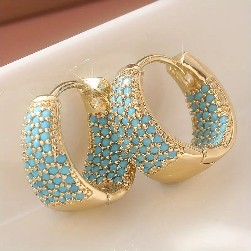 Golden-Tone Turquoise Beaded Hoop Earrings | Gold 16k