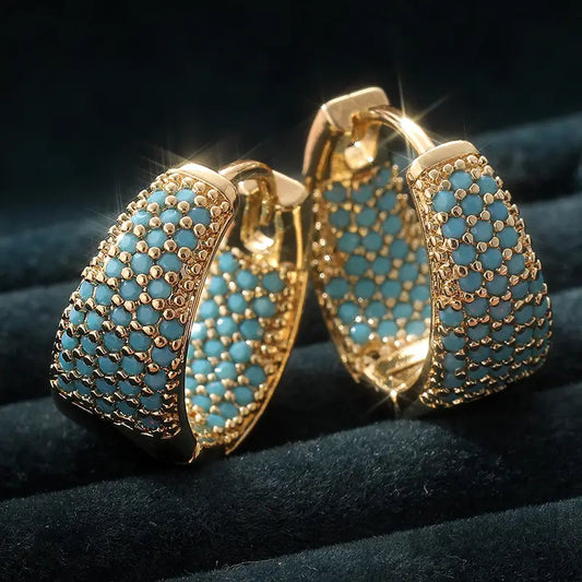 Golden-Tone Turquoise Beaded Hoop Earrings | Gold 16k