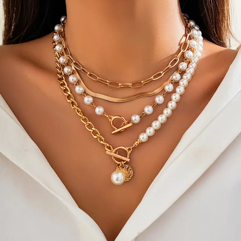 Vintage Pearl & Gold Snake Chain Necklace Set | Gold 18k