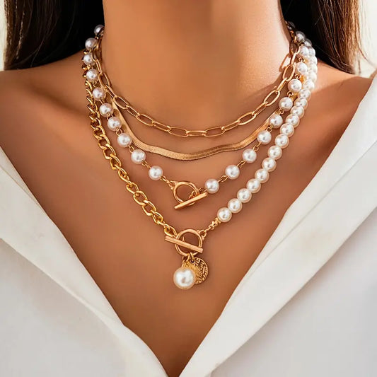 Vintage Pearl & Gold Snake Chain Necklace Set | Gold 18k