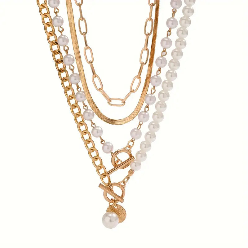 Vintage Pearl & Gold Snake Chain Necklace Set | Gold 18k
