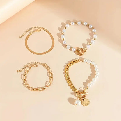 Chic Gold 4-Piece Bracelet Set – Snake, Pearls & Links | Gold 18k