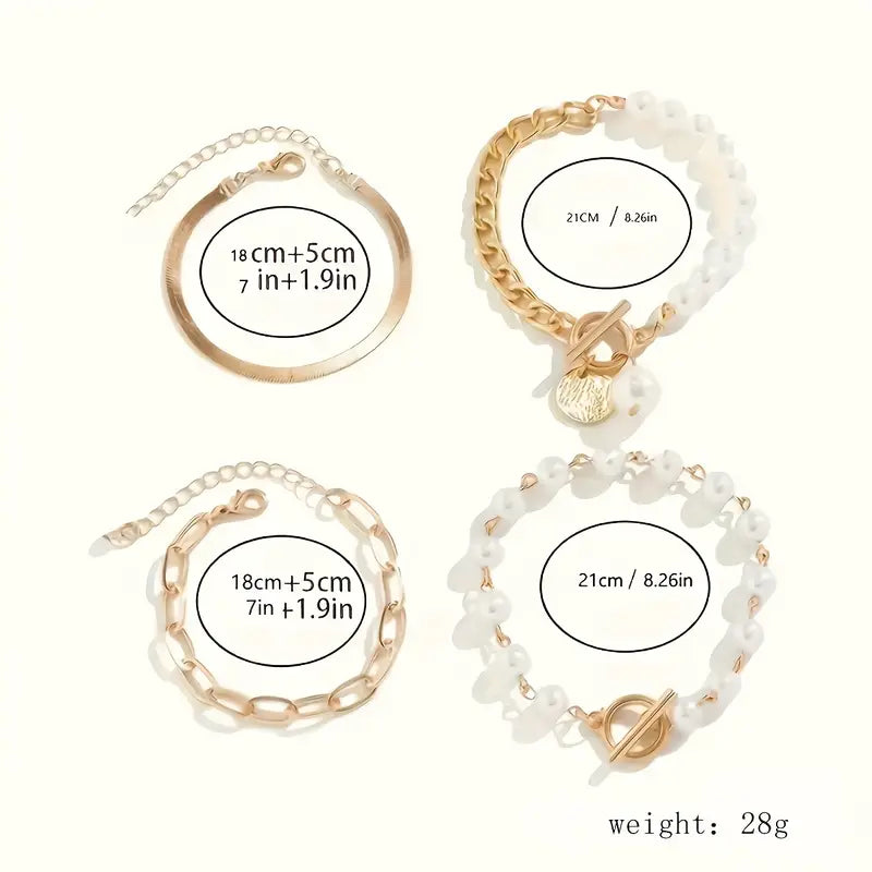 Chic Gold 4-Piece Bracelet Set – Snake, Pearls & Links | Gold 18k