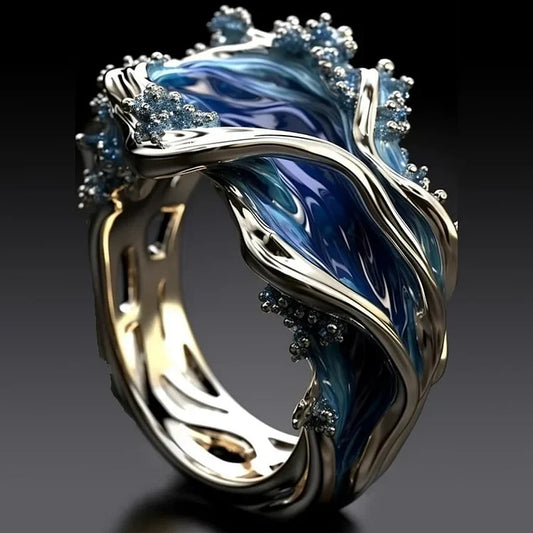 Antique Golden Ocean Wavy Ring | White Gold 18k