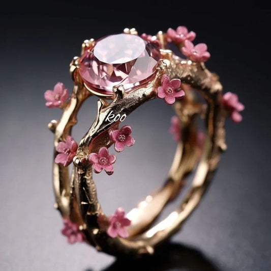 Elegant Crystal Pink Flower Ring | Gold 18k